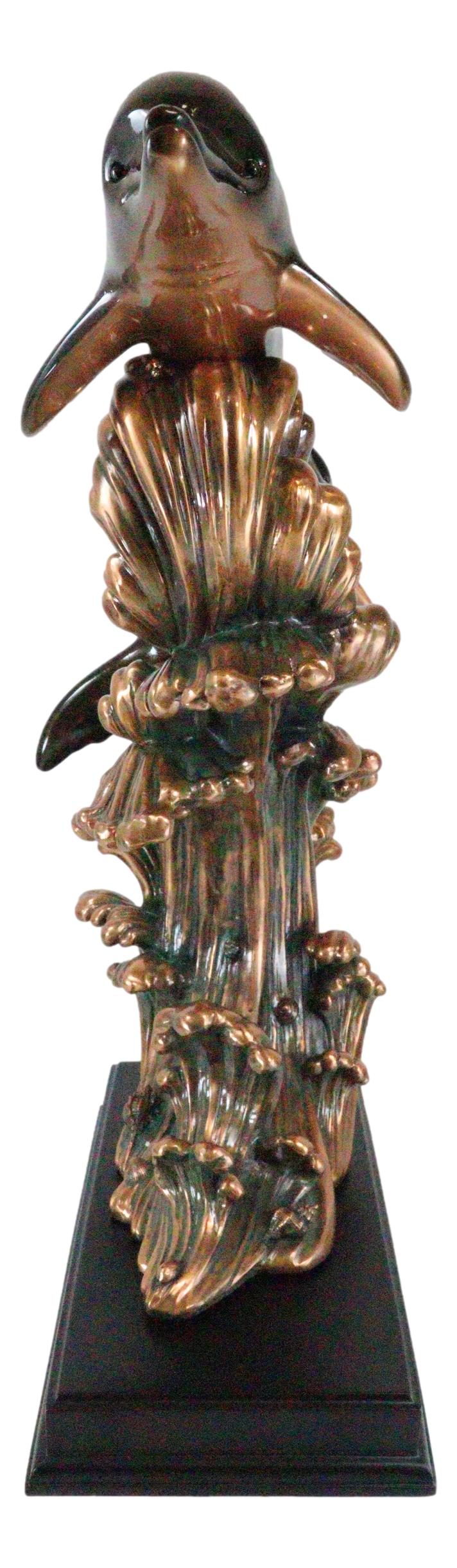 Large 23"H Nautical Marine 2 Bottlenose Dolphins Leaping Over Ocean Waves Statue