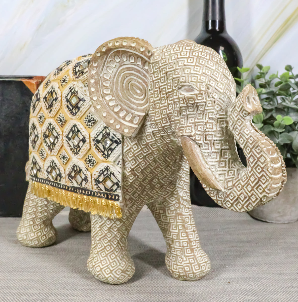 Silver Grey Accent Mosaic Design Noble Elephant With Trunk Up Statue 9"L Decor