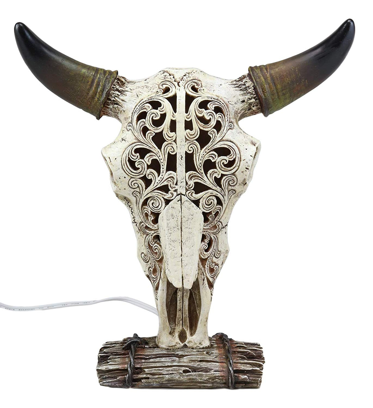 Ebros 12.5" Tall Southwest Aged Bone Tooled Filigree Lace Design Steer Bison Buffalo Bull Cow Horned Skull Head Night Light Lamp Centerpiece Side Table Decor Statue Skulls Western Accent Lighting - Ebros Gift