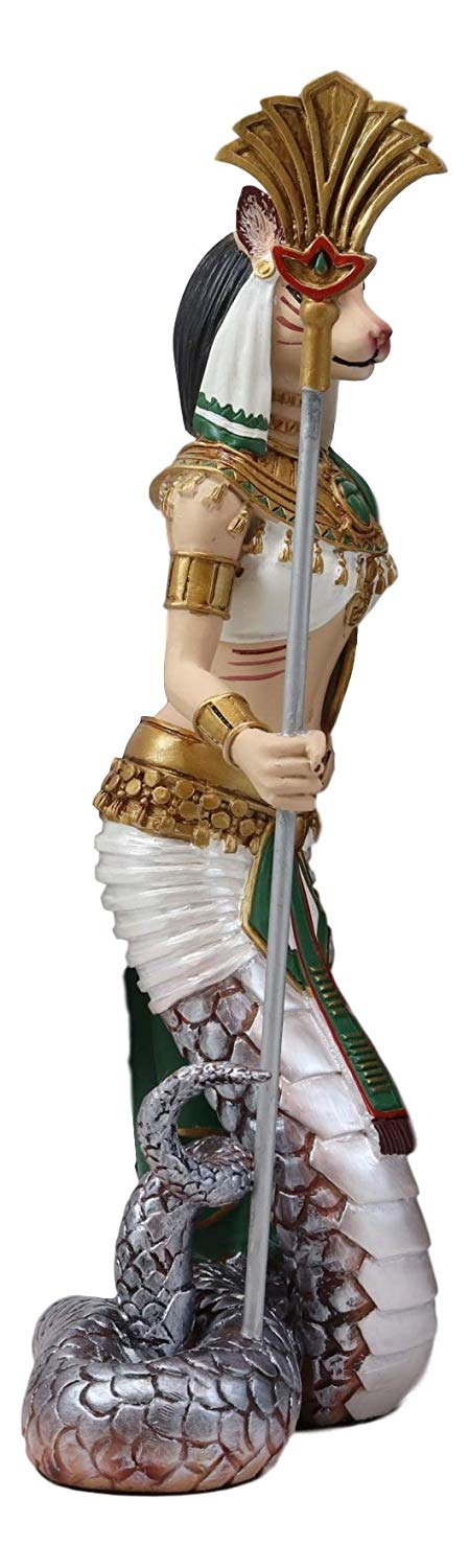 Ebros 11" Tall Colorful Egyptian Feline Goddess Bastet Cat with Slain Snake Apep Tail Holding Spear & Shield Statue 11" H Ubasti Bast Figurine - Ebros Gift