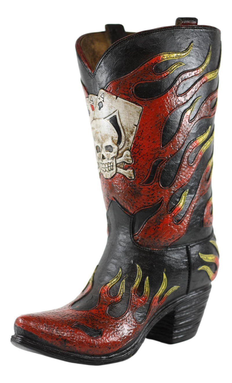 Western Flames Crossbones Skull Poker Cards Cowboy Boot Vase Planter Figurine