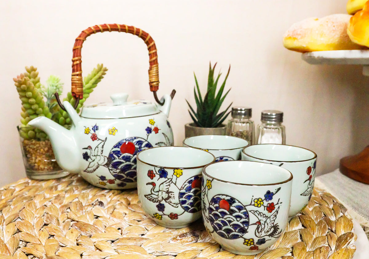 White Storks Cherry Blossom Red Moon Night Sky Ceramic Teapot And 4 Tea Cups Set