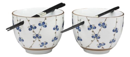 Japanese Design Ceramic String Flowers Ramen Noodles Bowl & Chopsticks Set of 2
