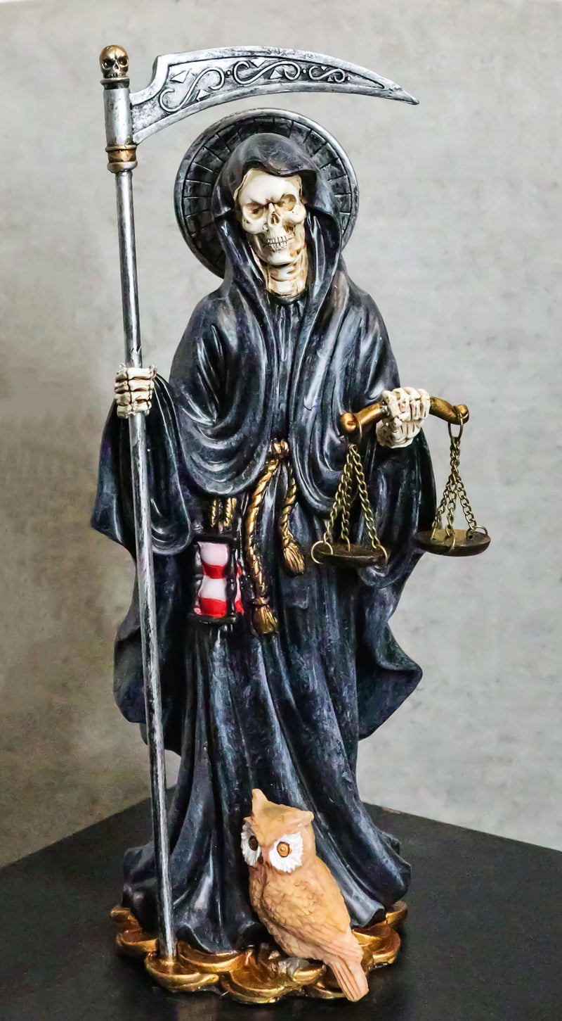 Standing Black Santa Muerte With Scythe Scales of Justice And Wise Owl Figurine