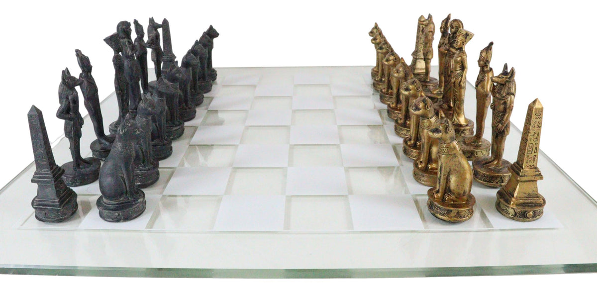 Ebros Egyptian Gods Monuments King Tut & Nefertiti Chess Pieces With Glass Board Set
