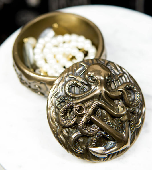 Nautical Kraken Octopus With Ship Anchor Decorative Jewelry Box Figurine 4"Diam - Ebros Gift