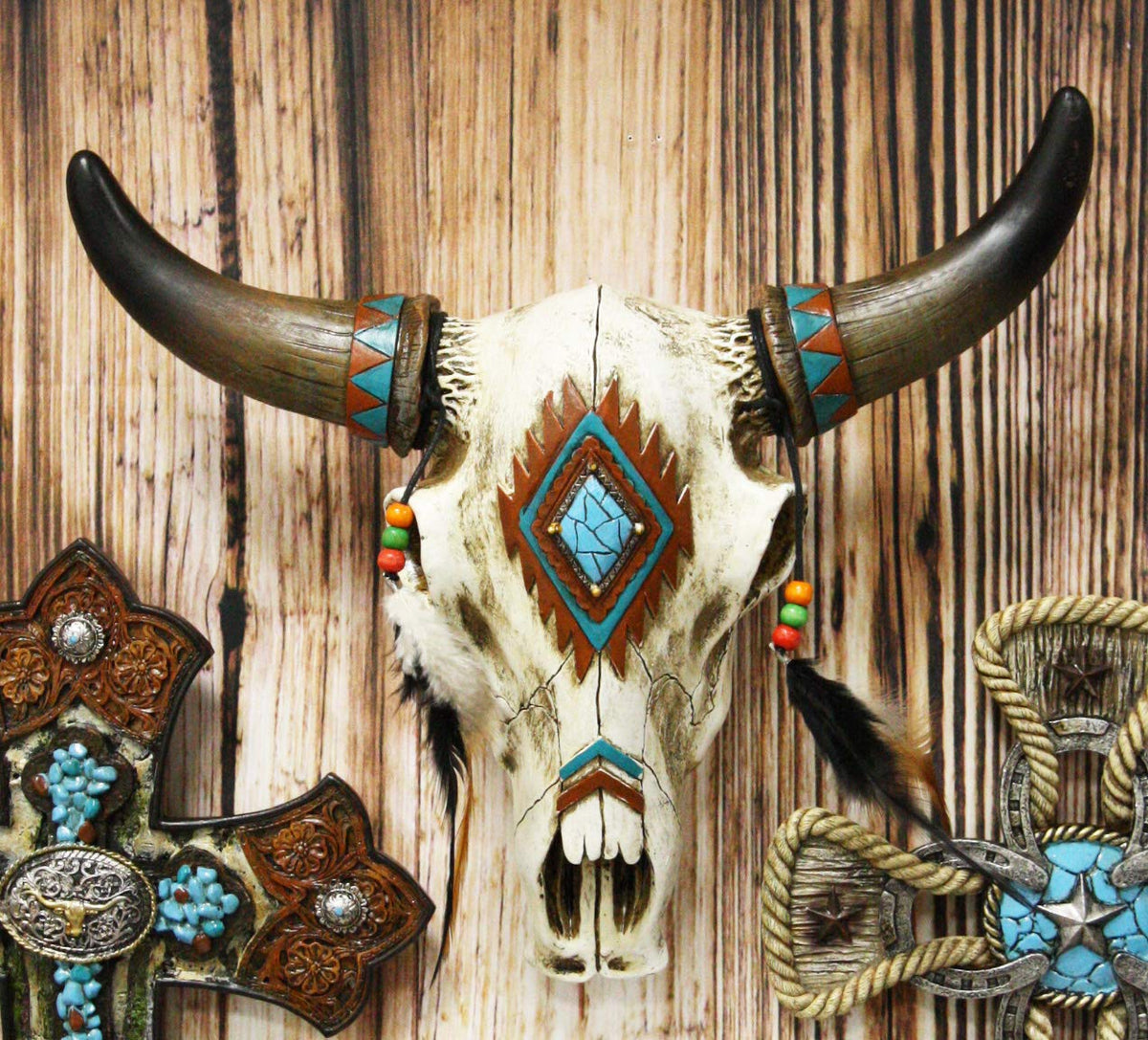 Ebros 12.5" Wide Western Southwest Steer Bison Buffalo Bull Cow Horned Skull Head with Faux Turquoise Diamond and Dream Catcher Feathers with Beads Wall Mount Decor - Ebros Gift