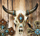Ebros 12.5" Wide Western Southwest Steer Bison Buffalo Bull Cow Horned Skull Head with Faux Turquoise Diamond and Dream Catcher Feathers with Beads Wall Mount Decor - Ebros Gift
