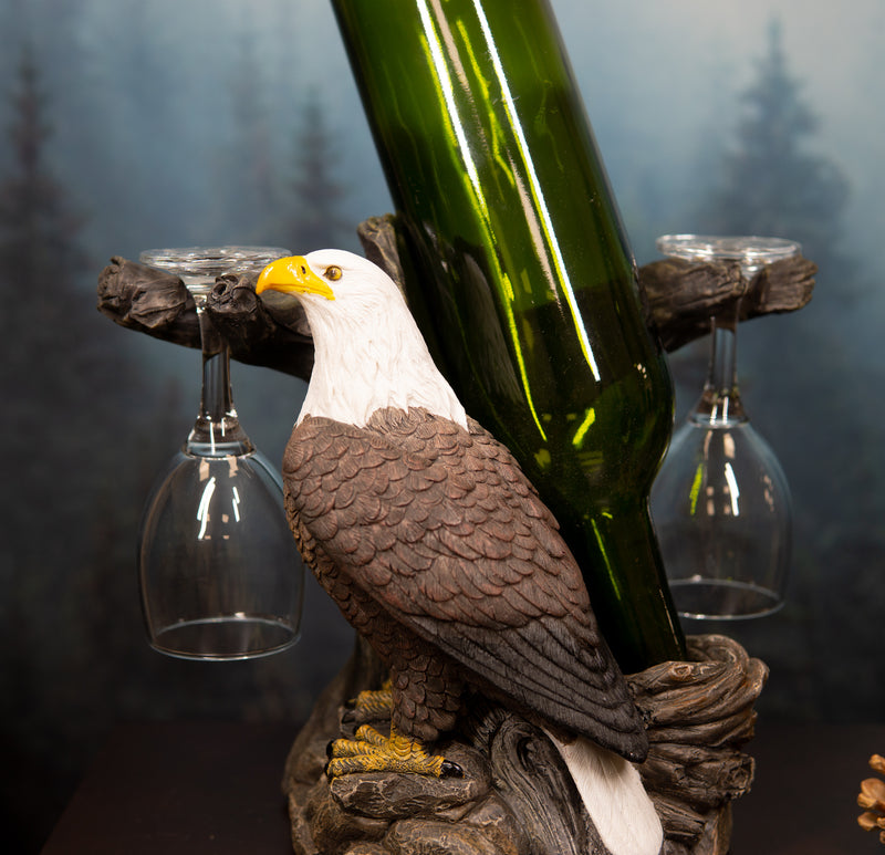 Ebros Liberty American Bald Eagle  Wine Valet As Bottle & 2 Glasses Holder Statue