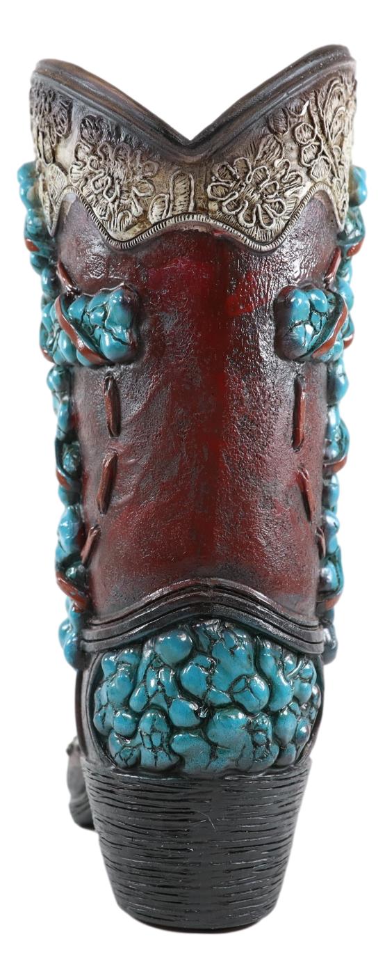 Rustic Western Turquoise Rocks Cross Scroll Art Flower Vase Planter Cowboy Boot