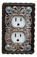 Set of 2 Western Turquoise Stars Lace Scroll Wall Double Receptacle Outlet Plate