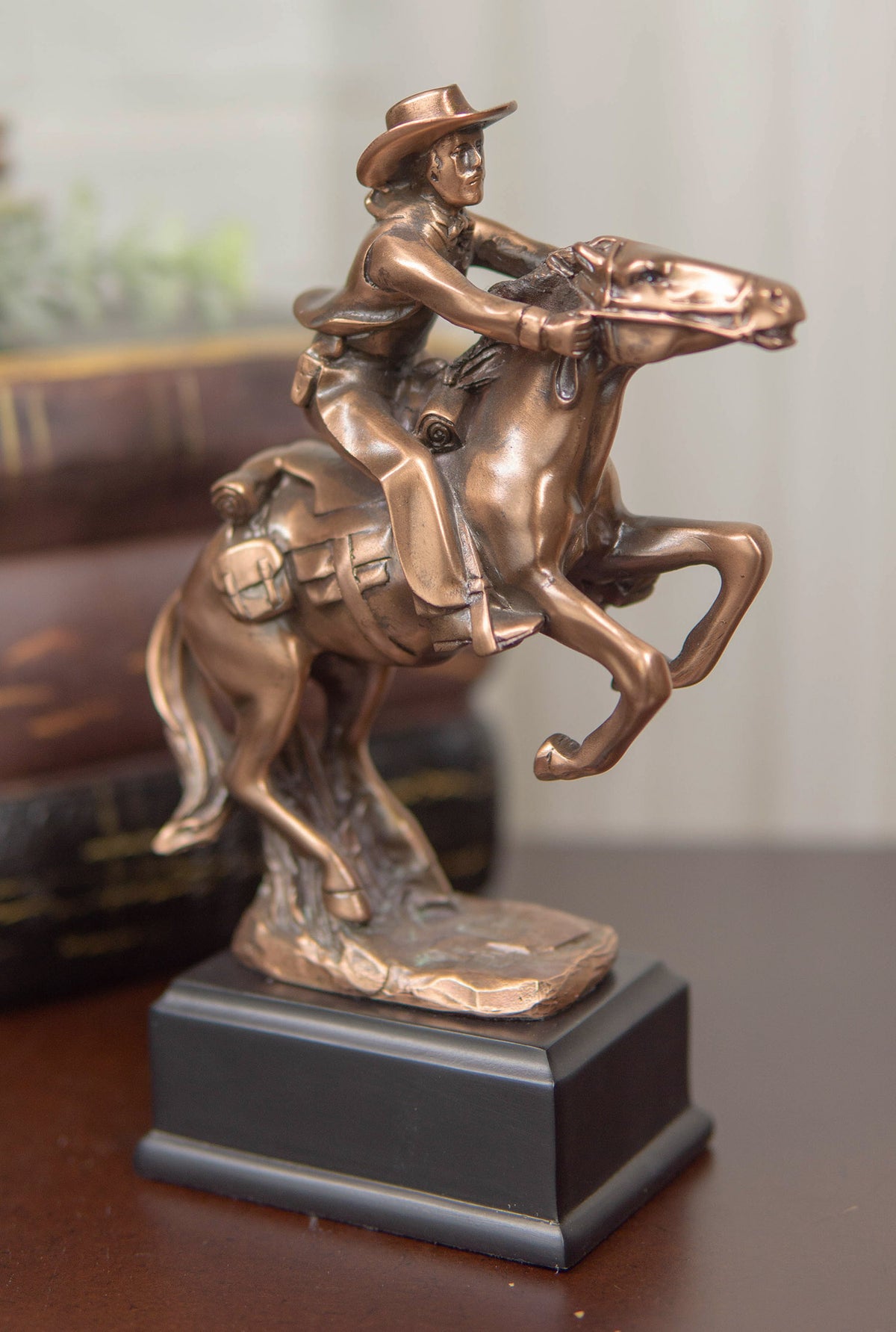 Wild West Cowboy With Rearing Horse In Pursuit Bronze Electroplated Figurine - Ebros Gift
