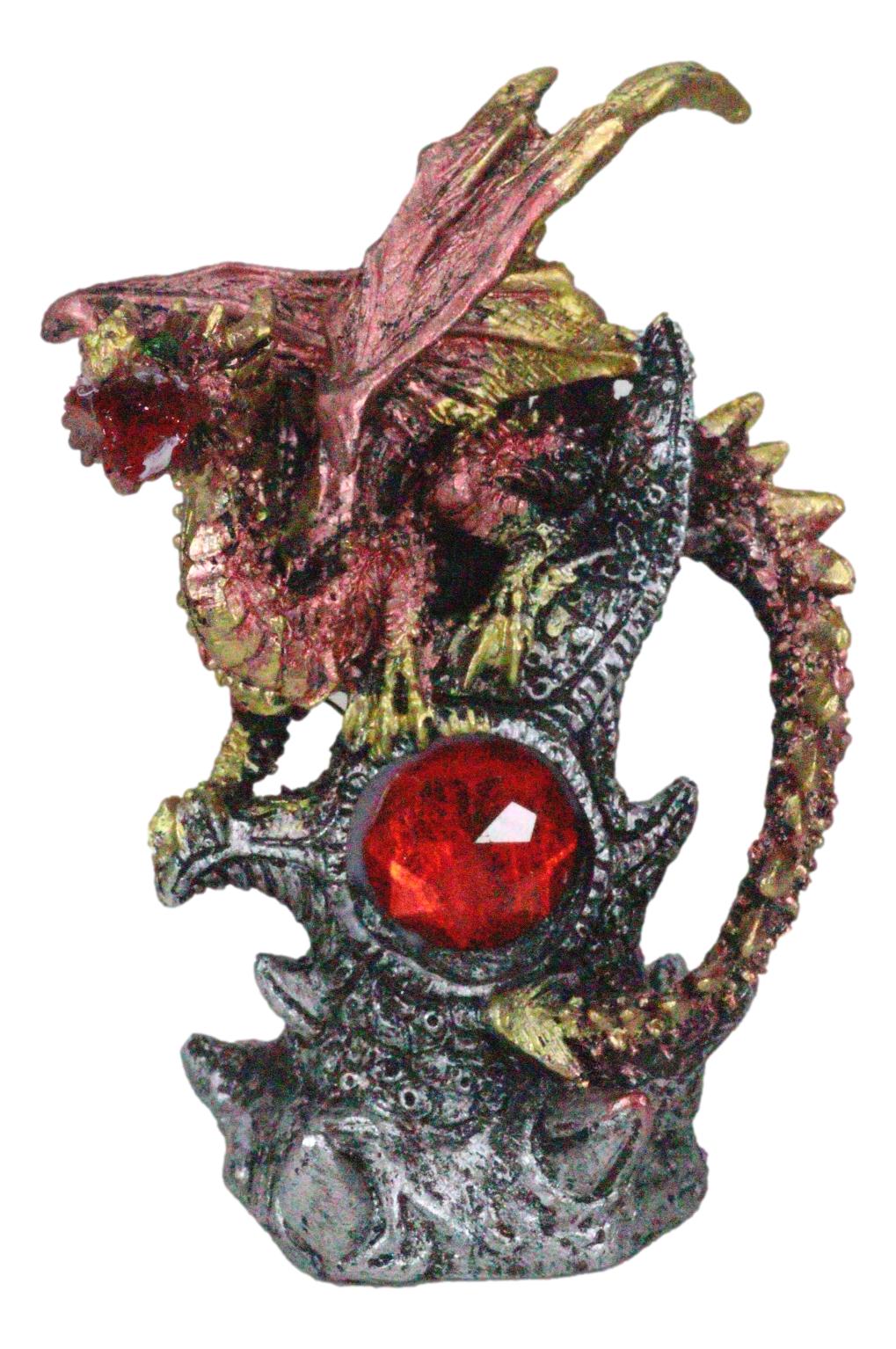 Fire Ember Dragon Guarding Weathered Tree of Life With Red Crystal Gem Figurine