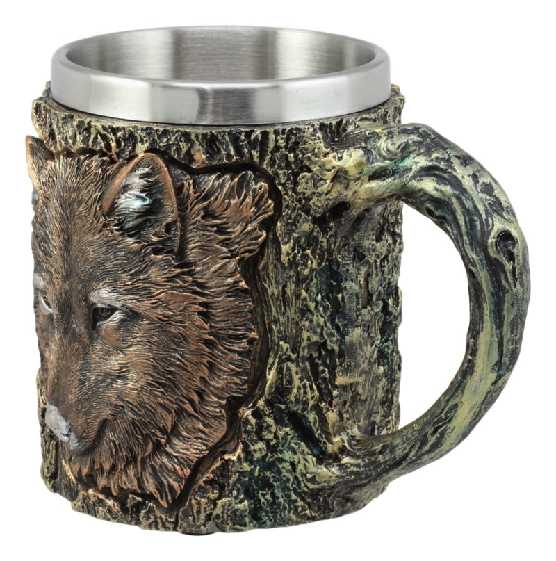 Ebros Totem Spirit Alpha Gray Wolf Mug Textured With Rustic Tree Bark Design In Painted Bronze Finish 12oz Drink Beer Stein Tankard Coffee Cup