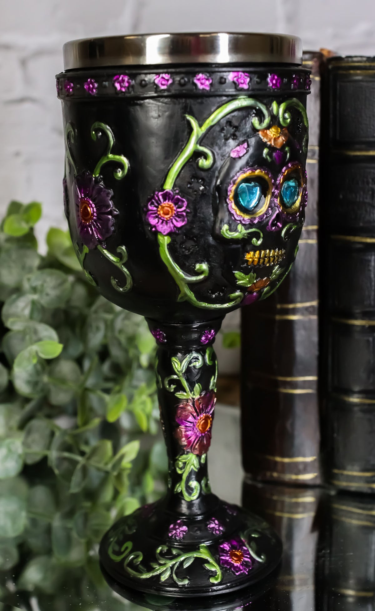 Ebros Day of The Dead Ossuary Wedding Black Sugar Skull Wine Goblet 7oz Chalice