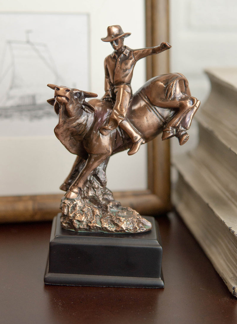 Ebros Rustic Western Rodeo Cowboy W/ Bucking Bull Bronze Electroplated Figurine