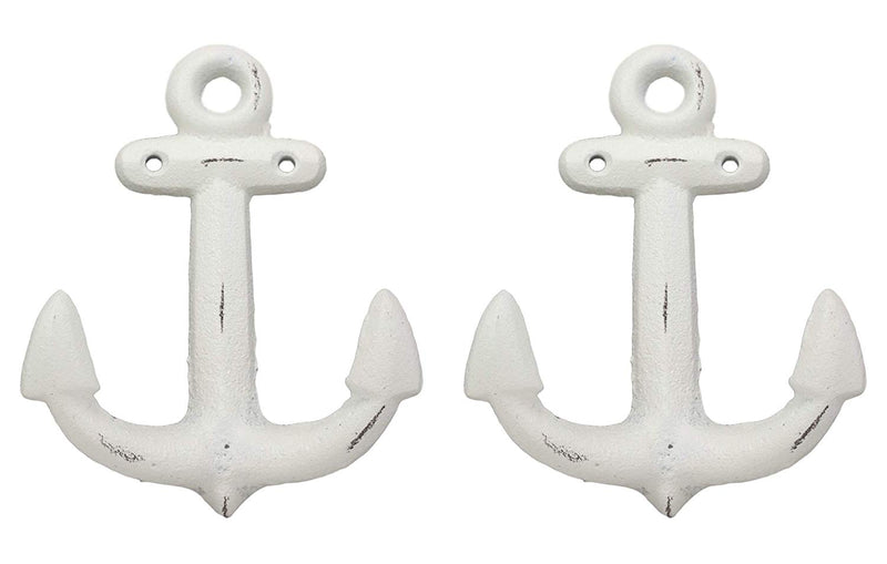 Ebros Gift 5.75" Tall Cast Iron Rustic Vintage Sailor White Nautical Ocean Sea Ship Anchor 2 Pegs Wall Hook Coastal Harbor Ships Anchors Decorative Accent Hooks for Keys Leashes Hats Coats (2)
