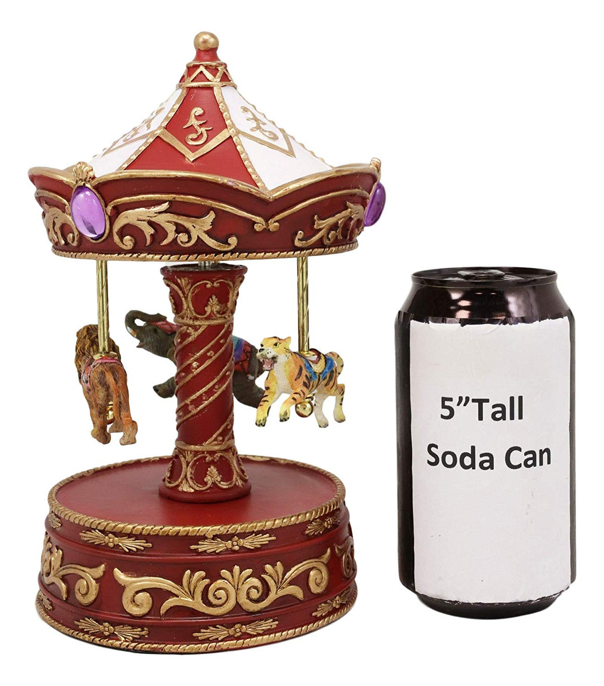 Ebros Carnival Merry Go Round Circus Elephant Tiger and Lion Red Musical Carousel Statue Playing Toyland Tune 8.5" Tall Clockwork Mechanism Roundabout Fantasy Theme Park Ride Mini Decor Sculpture