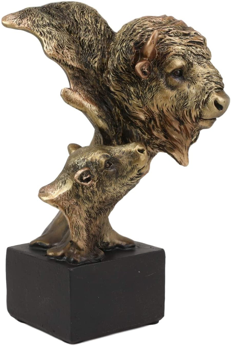 Ebros Gift 6" Tall Wild Bison and Calf Head Bust Figurine with Black Pedestal