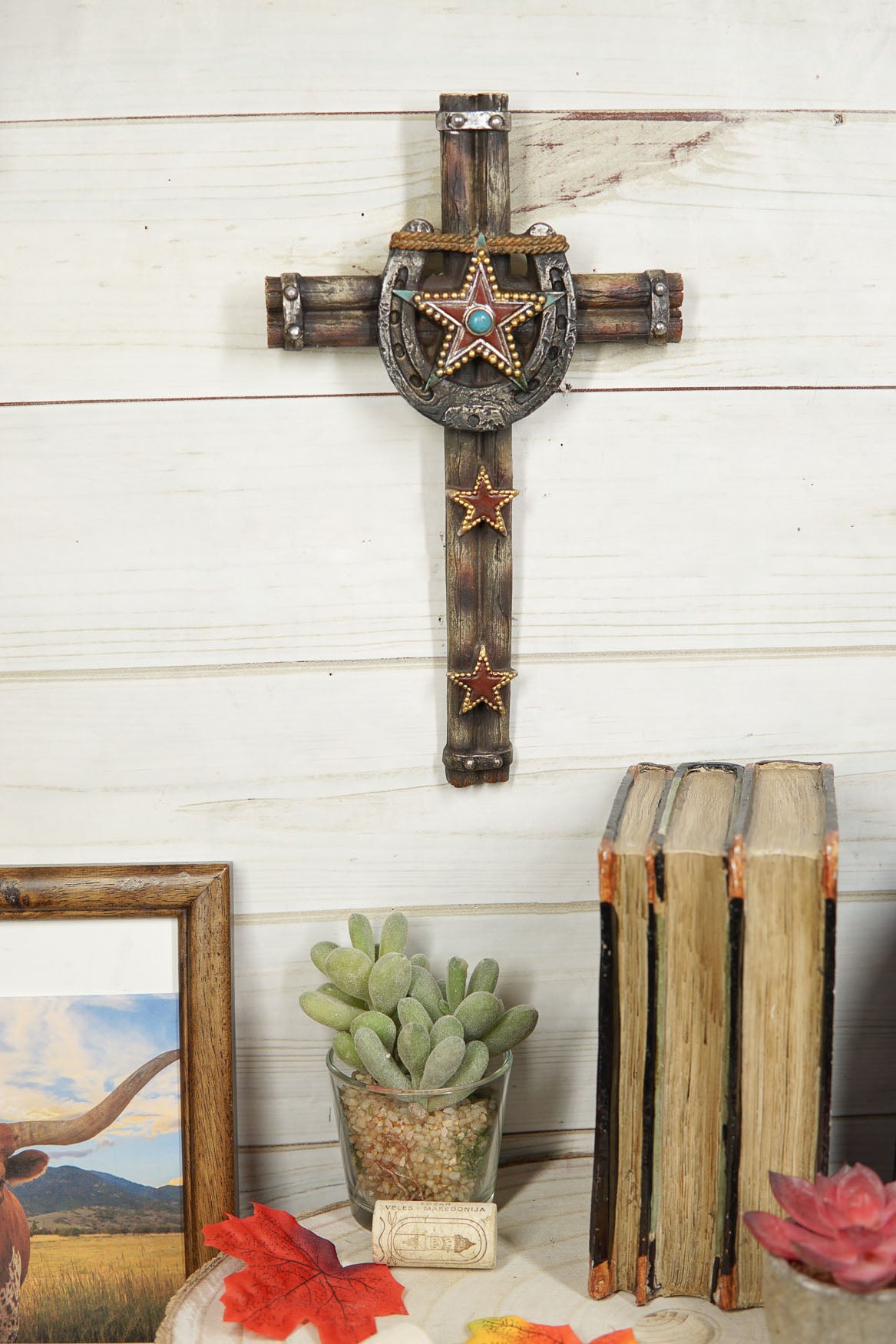 Set Of 3 Rustic Western Star Horseshoe Cowboy Horse And Pistols Wall Crosses - Ebros Gift