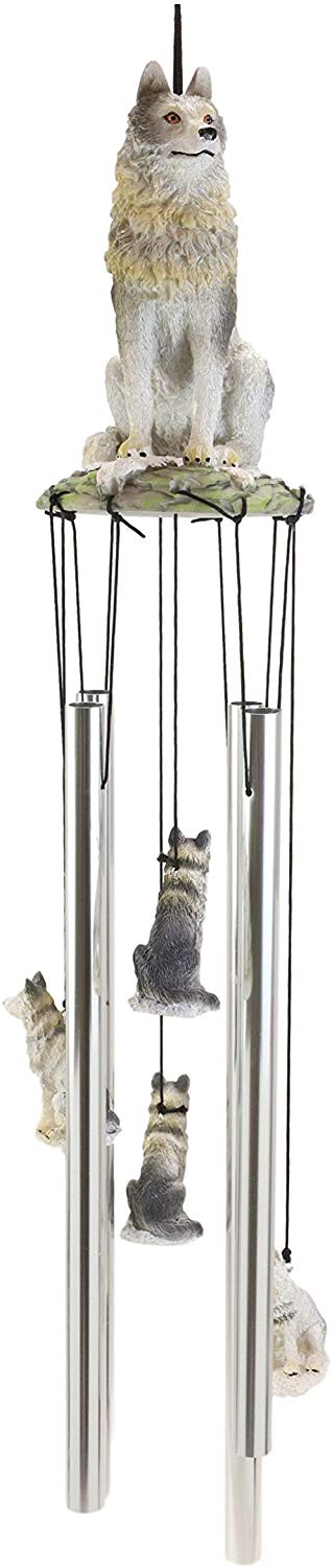 Ebros Gray Wolf Sculptural Wind Chime Resonant Relaxing Patio and Garden Chimes - Ebros Gift