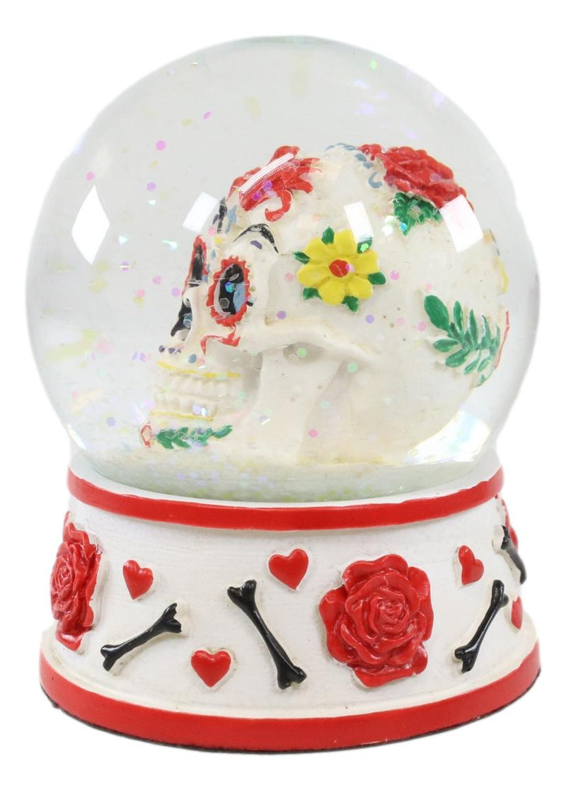 Ebros Day of The Dead Sugar Skull Red Roses Bones Hearts Small Glitter Water Globe