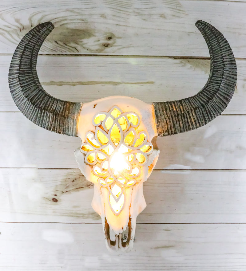 Southwest Tooled Lace Horned Steer Bull Cow Aged Bone Skull LED Light Wall Decor