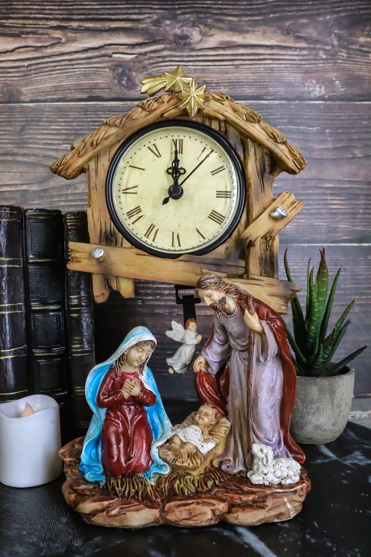 Holy Family Nativity Mary Joseph and Baby Jesus In Manger Pendulum Table Clock - Ebros Gift