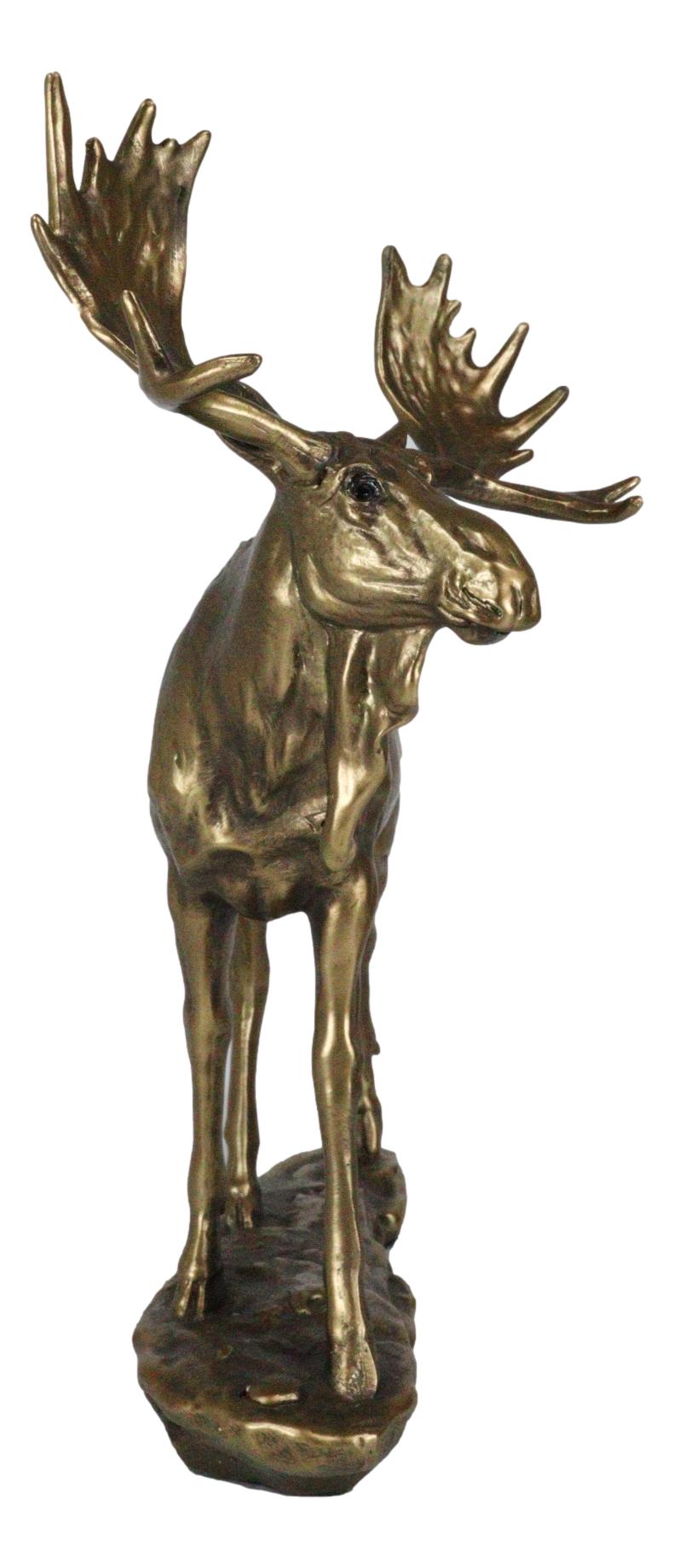 Realistic Large Bull Moose Statue In Gold Patina 11" W Rustic Elk Deer Accent - Ebros Gift