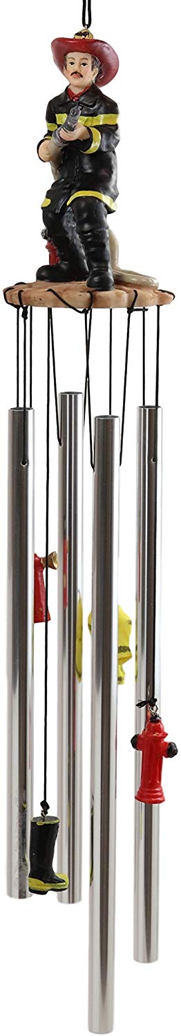 In Line of Duty Fireman With Fire Hose By Red Hydrant Wind Chime Garden Decor - Ebros Gift