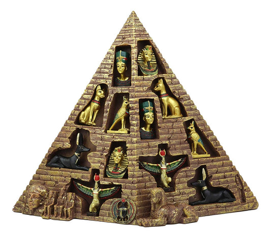 Ebros Egyptian Monument Pyramid Display Statue Featuring 6 Miniature Gods Goddesses King TUT Nefertiti Horus Bastet Isis Anubis for Educational and Decorative Centerpiece - Ebros Gift