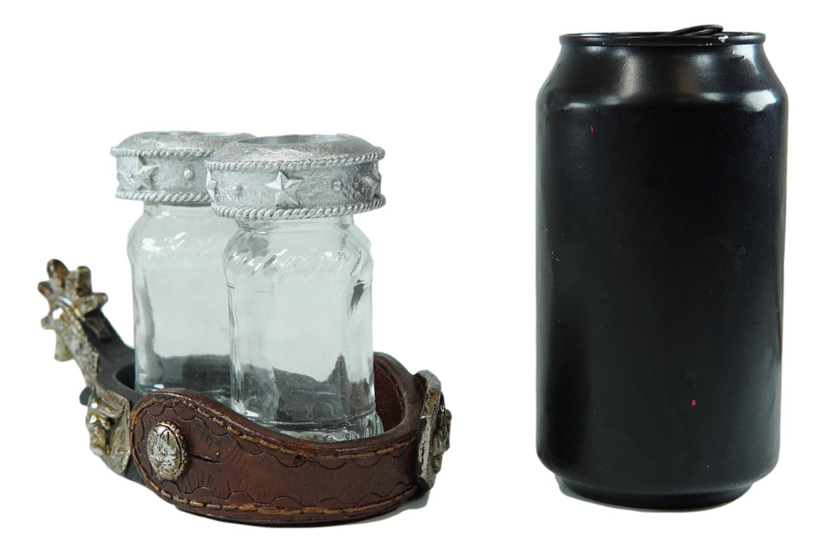 Western Cowboy Boot Spur Longhorn Concho Faux Leather Salt Pepper Shakers Set
