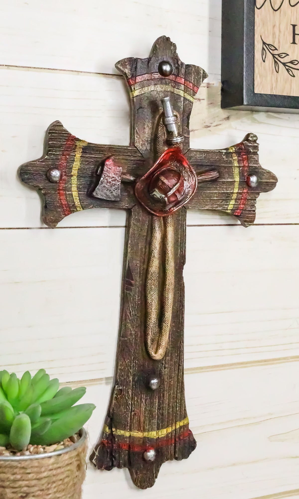 Rustic Fire Fighter Tools Fireman Axe Helmet Water Hose Faux Wood Wall Cross