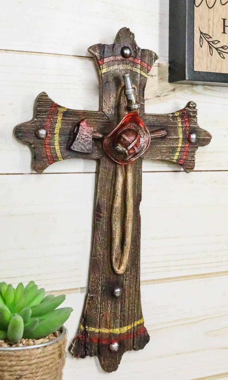 Rustic Fire Fighter Tools Fireman Axe Helmet Water Hose Faux Wood Wall Cross