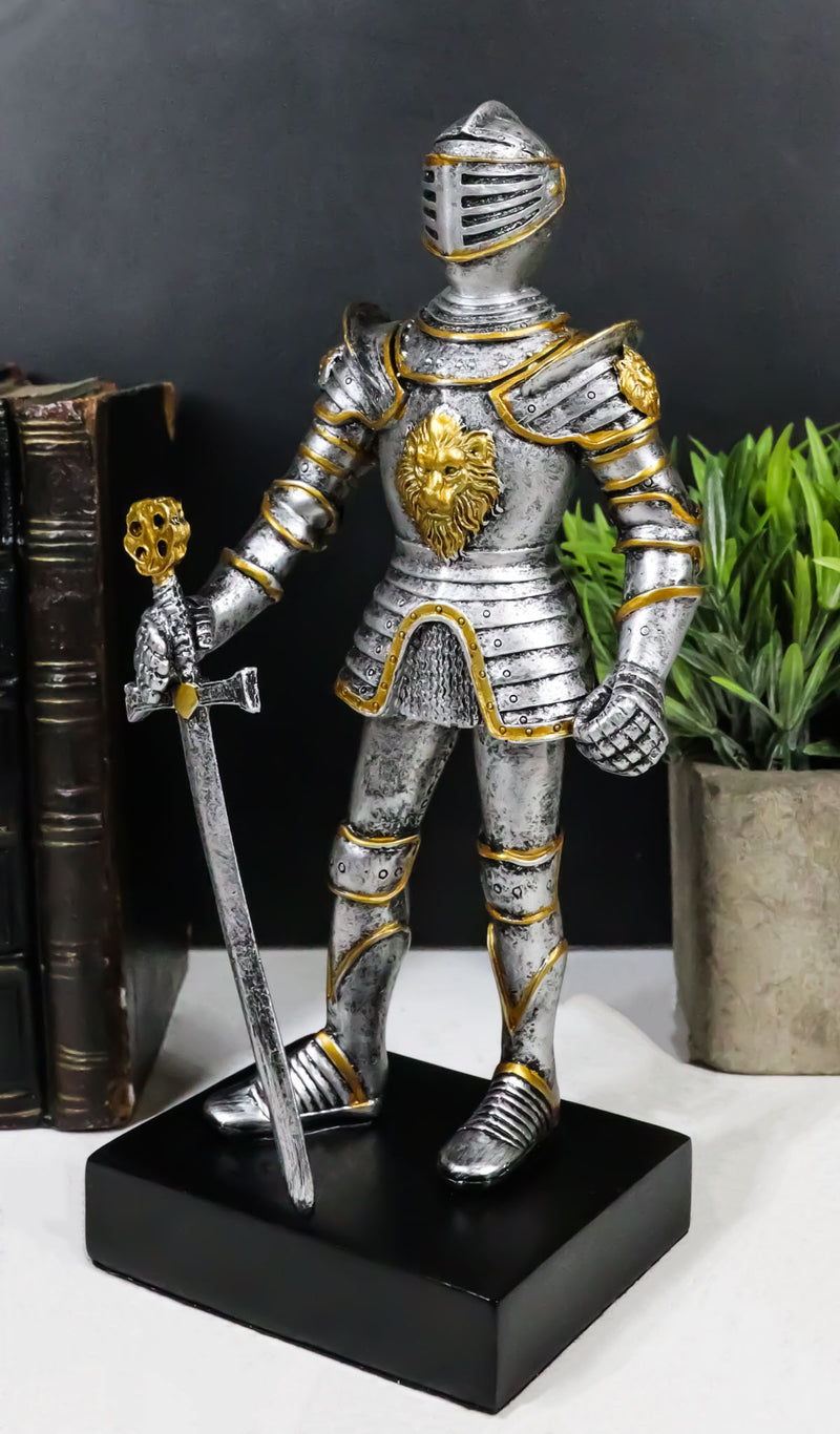 English Chivalrous Lion Coat Of Arms Knight With Sword Standing Guard Figurine