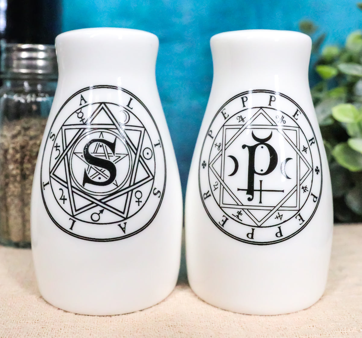 Wicca Sacred Geometry Pentacles Crescent Moons Ceramic Salt n Pepper Shakers Set - Ebros Gift
