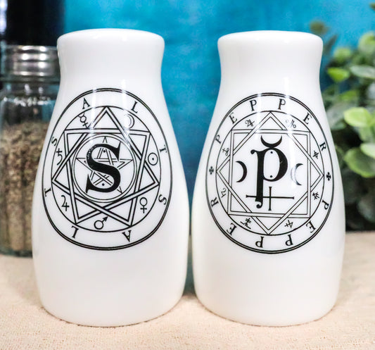 Wicca Sacred Geometry Pentacles Crescent Moons Ceramic Salt n Pepper Shakers Set - Ebros Gift