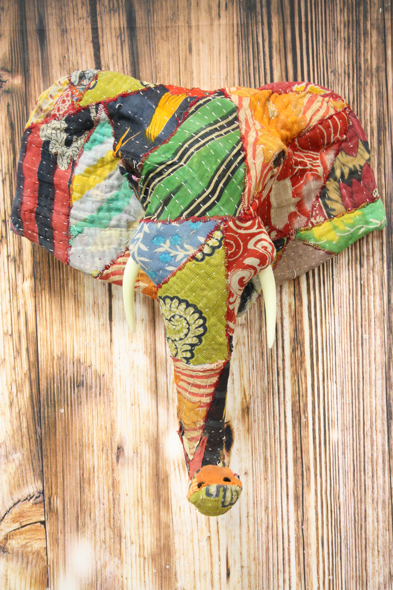 Safari Wild Elephant Hand Crafted Paper Mache In Sari Fabric Wall Head Decor