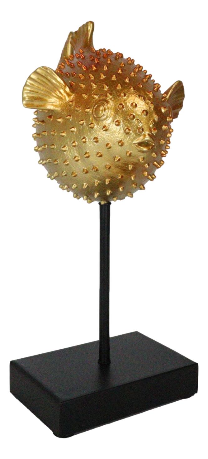 Nautical Marine Faux Taxidermy Golden Pufferfish Fish Sculpture On Pole Mount