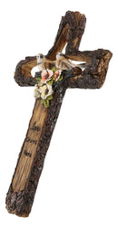 Rustic Love Grows Here Birds On Branch Flowers Faux Wooden Tree Bark Wall Cross