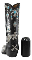 Southwestern Turquoise Silver Aztec Symbols Cowboy Boot Vase Planter Figurine