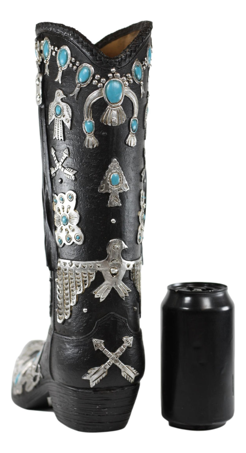Southwestern Turquoise Silver Aztec Symbols Cowboy Boot Vase Planter Figurine