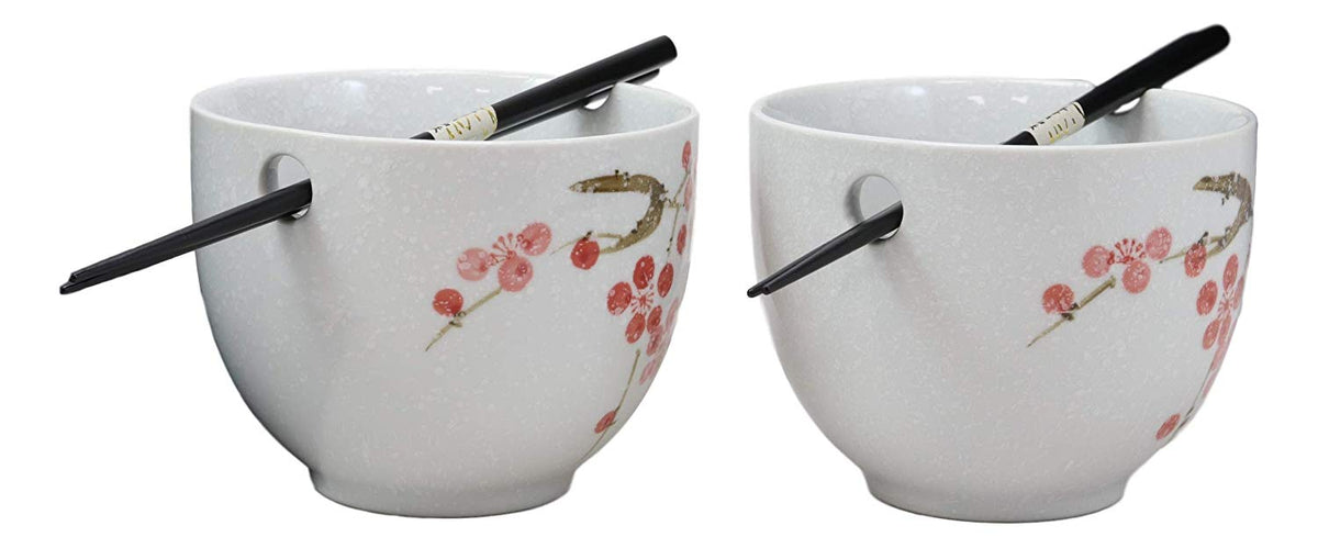 Ceramic Japanese Sakura Pink Cherry Blossoms Ramen Noodle Bowls Chopsticks Set 2