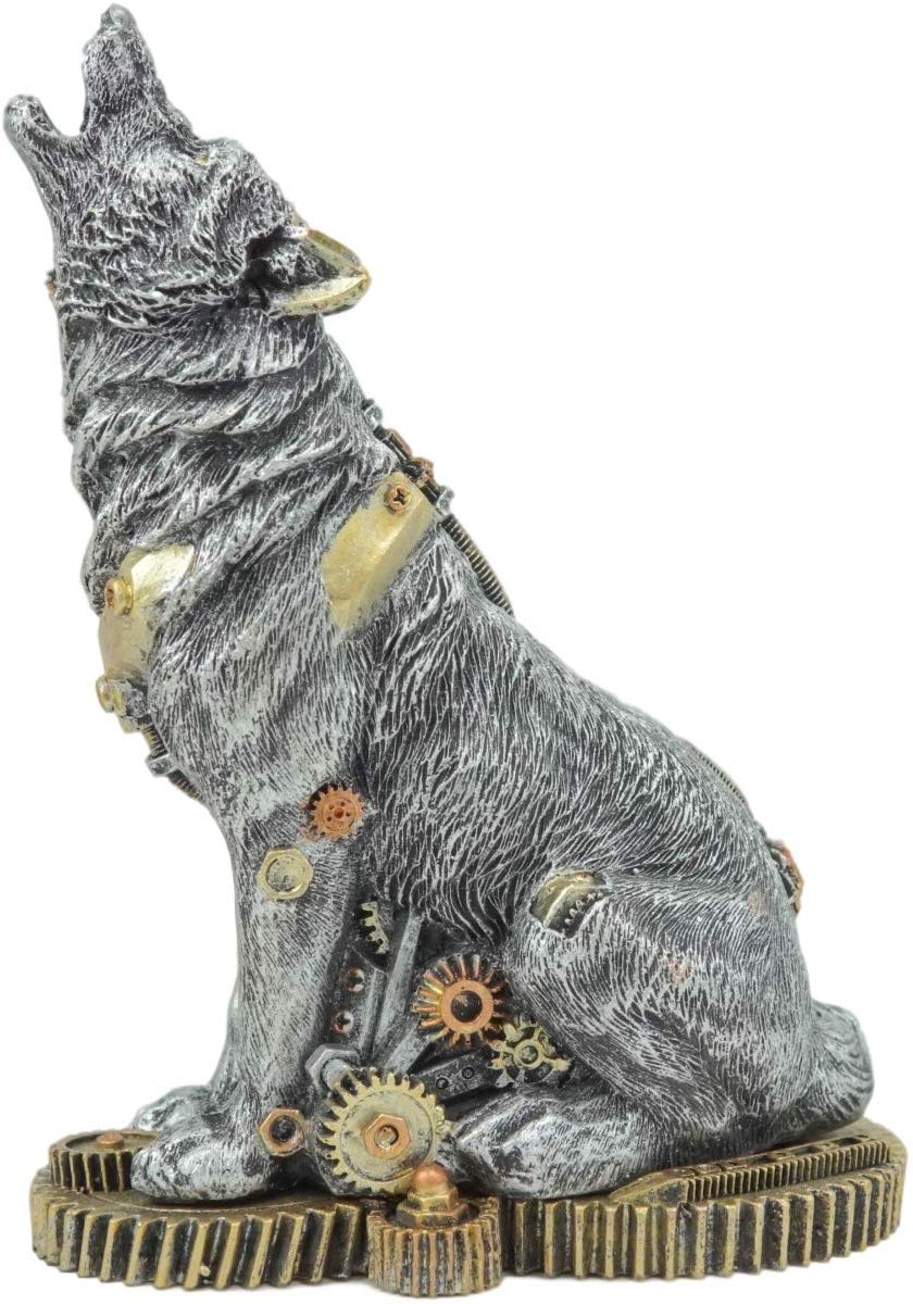 Ebros Steampunk Silver Alpha Wolf Howling Statue with Gears Base 7.5"H Figurine - Ebros Gift