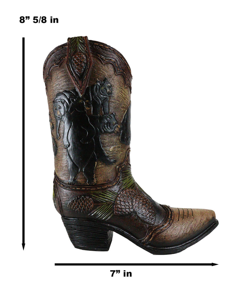 Western Black Bear Family With Pine Cones Cowboy Cowgirl Boot Vase Figurine