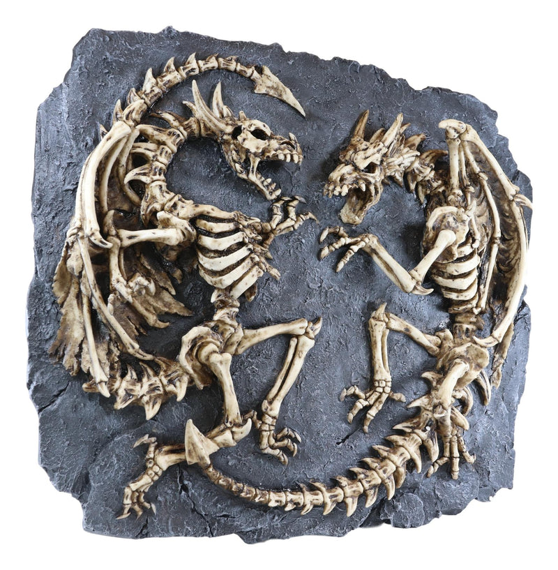 Faux Fossil Rock Block With 2 Dueling Skeleton Dragons Exotic Wall Decor Plaque