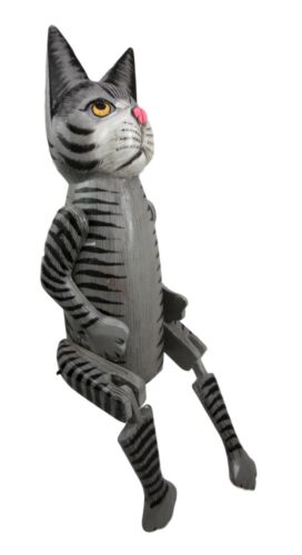 Balinese Wood Handicrafts Grey Striped Coat Feline Cat Puppet Toy Figurine 17"H