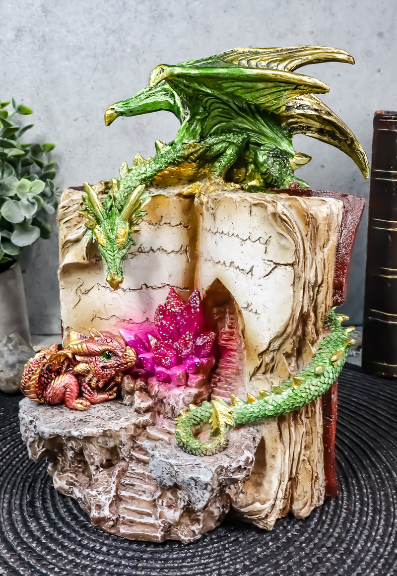 Ebros Green Dragon Wyrmling Perching On LED Crystals Book Of Spells Figurine