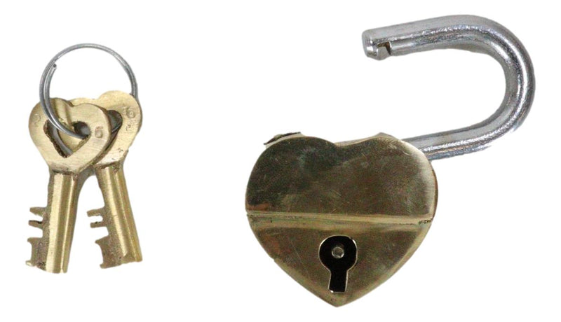 Set Of 2 Gold Tone Keepsake Brass Small Heart Love Shaped Padlock With Keys