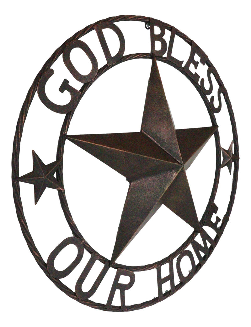 24"D Rustic Western Lone Star God Bless Our Home Metal Circle Wall Plaque Sign